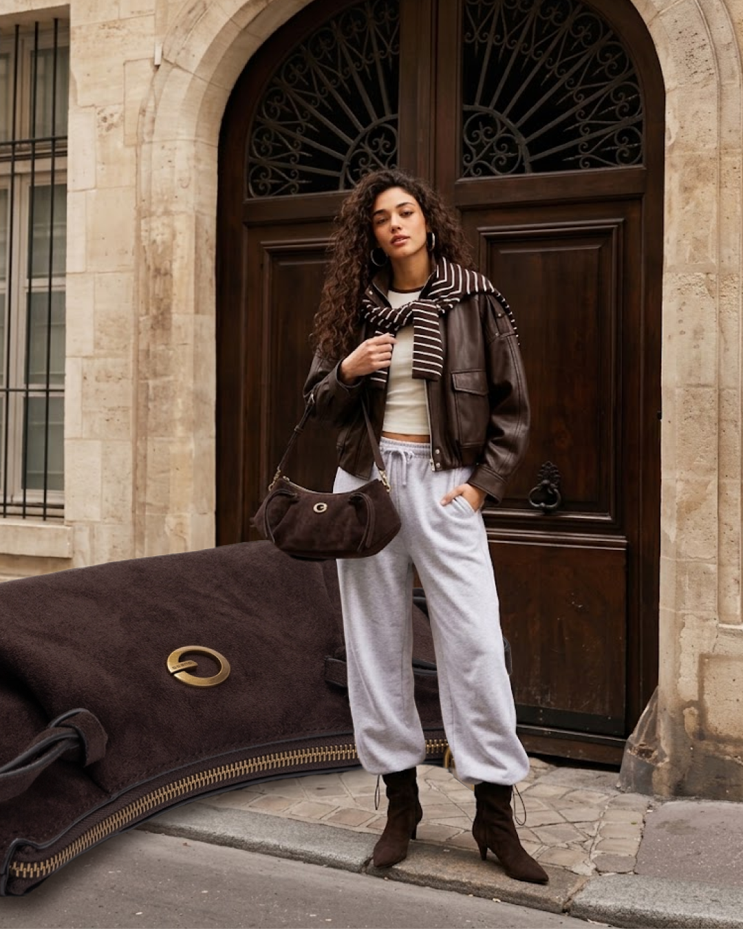 Stylizacja z szerokimi spodniami dresowymi i botkami na szpilce