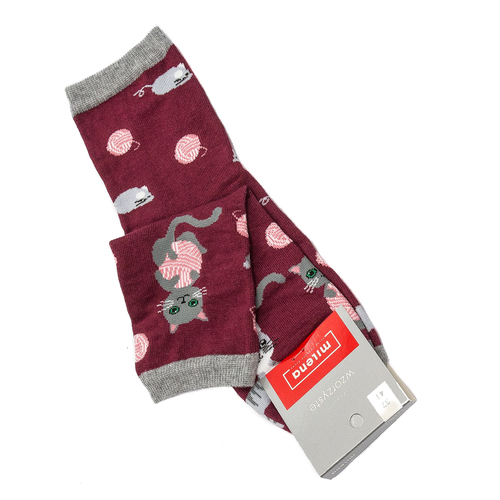 Milena asymmetrical patterned socks Burgundy-Gray Cats