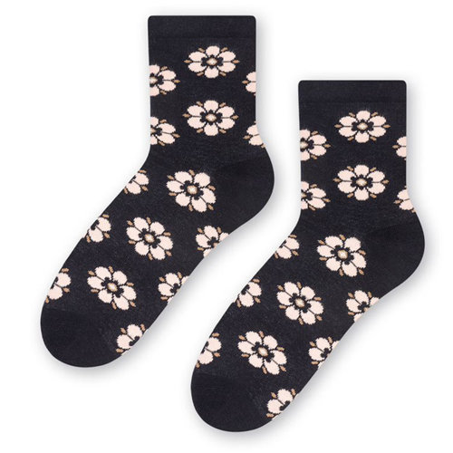 Women's socks Steven 099 Navy Blue / Pink Flowers