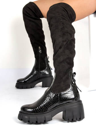 Maciejka 05260-01/00-7 Black Crocodile Knee-High Boots