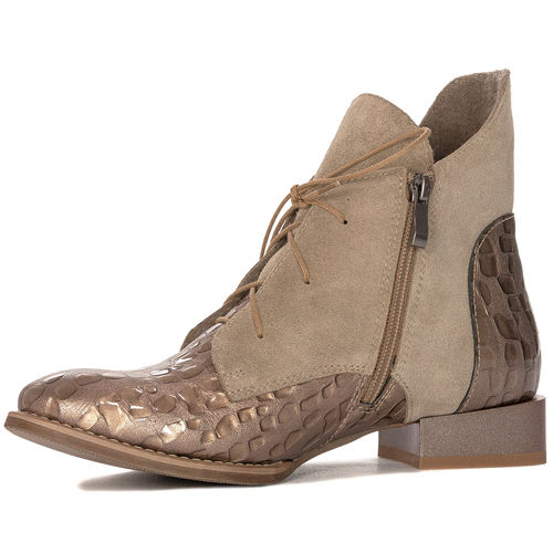 Maciejka Beige Velor Croco Women's Lace-Up Boots