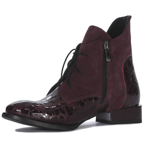 Maciejka Bordo Velor Croco Women's Lace-Up Boots