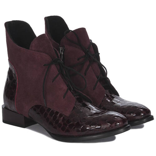 Maciejka Bordo Velor Croco Women's Lace-Up Boots