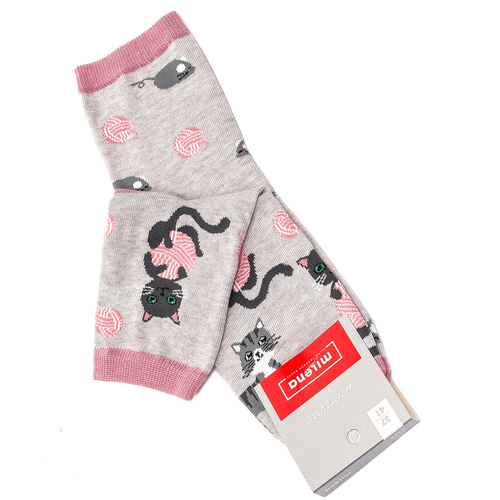 Milena socks, asymmetrical patterned gray and pink cats