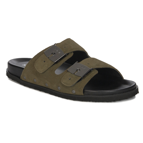 Scholl Men's leather Orlando Khaki flip-flops 