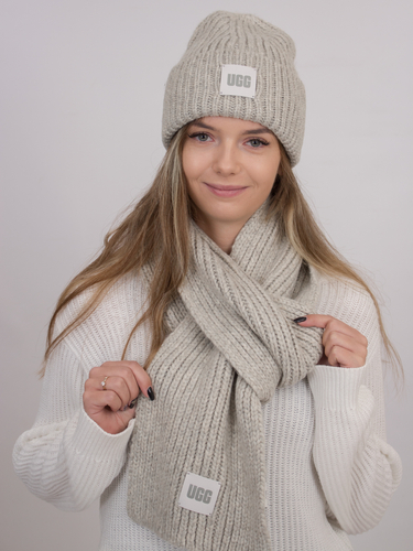 UGG 20270 LGRY W Chunky Rib Knit Set Light Grey Cap+Scarf 