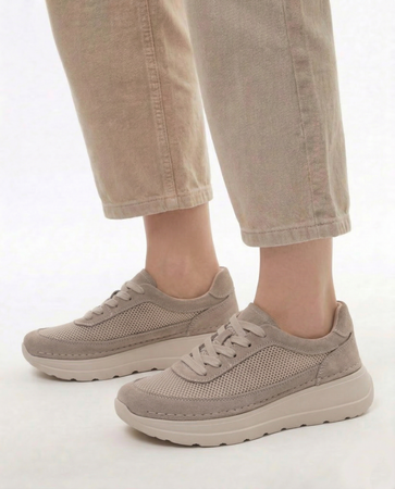 Sokolski Skórzane Materiałowe Półbuty Sneakersy na Platformie Beżowe TS-W26-241-BEIGE