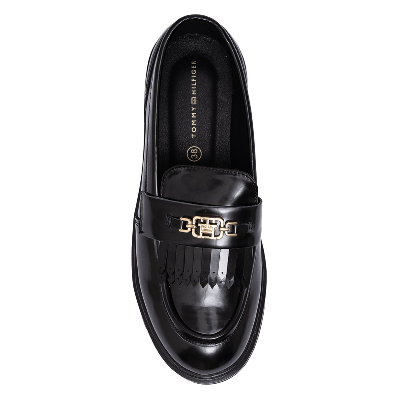 Tommy Hilfiger Patent Loafers Women’s Dress Flats Gold Logo Black T3A4-34011-1453999