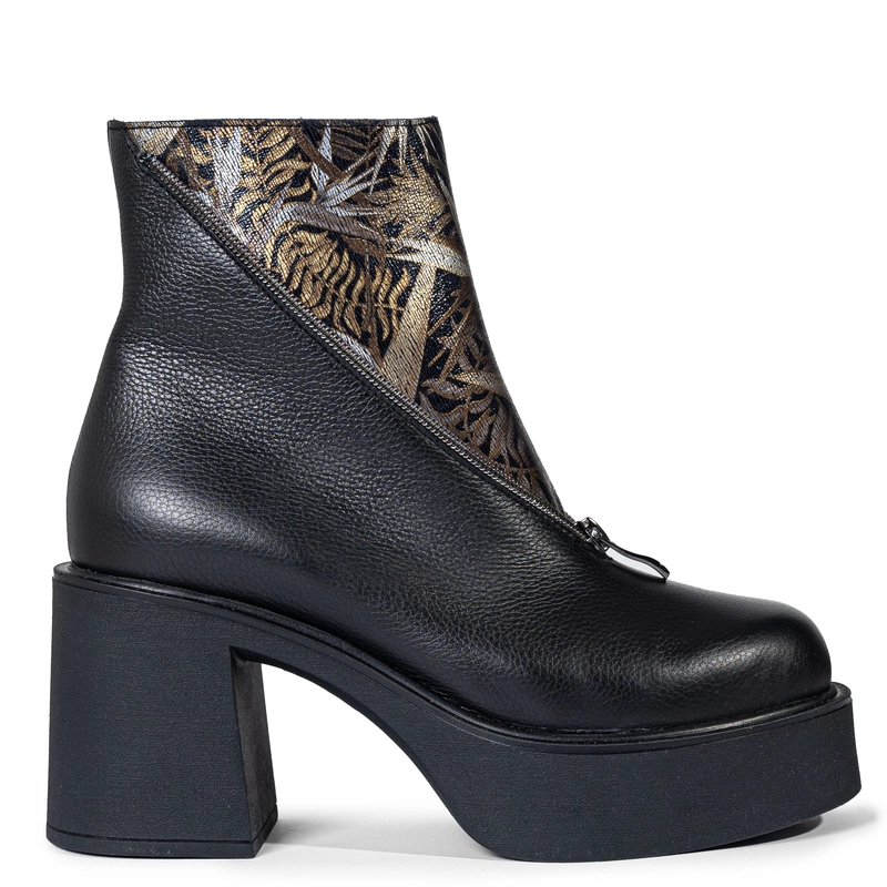 Boccato Asymetryczne Botki Na Klocku Z Suwakiem Czarne 3200-BLACK-GOLD