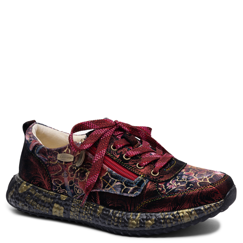 Laura Vita Kwiatowe Skórzane Sneakersy Sznurowane Wielokolorowe 0008116-BUR-WINE