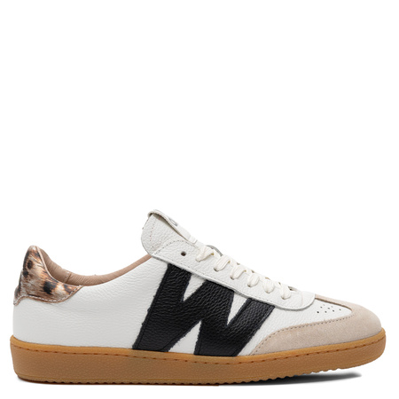 Wonders Skórzane Retro Sneakersy Damskie z Panterkowym Zapiętkiem Biało-Czarno-Beżowe AP-2001-BEIGE-OFF