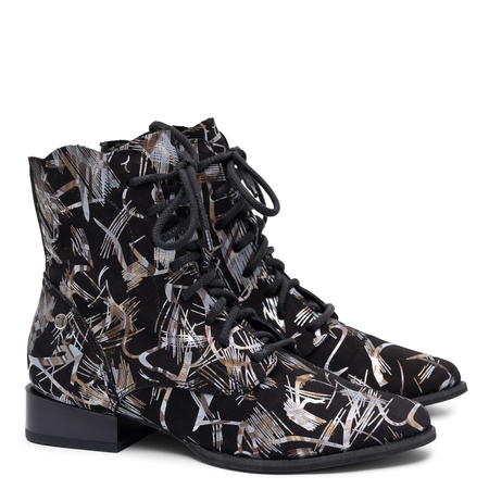 Maciejka Genuine Leather Lace-Up Ankle Boots Flat Heel Black Patterned 6391W-46/00-1