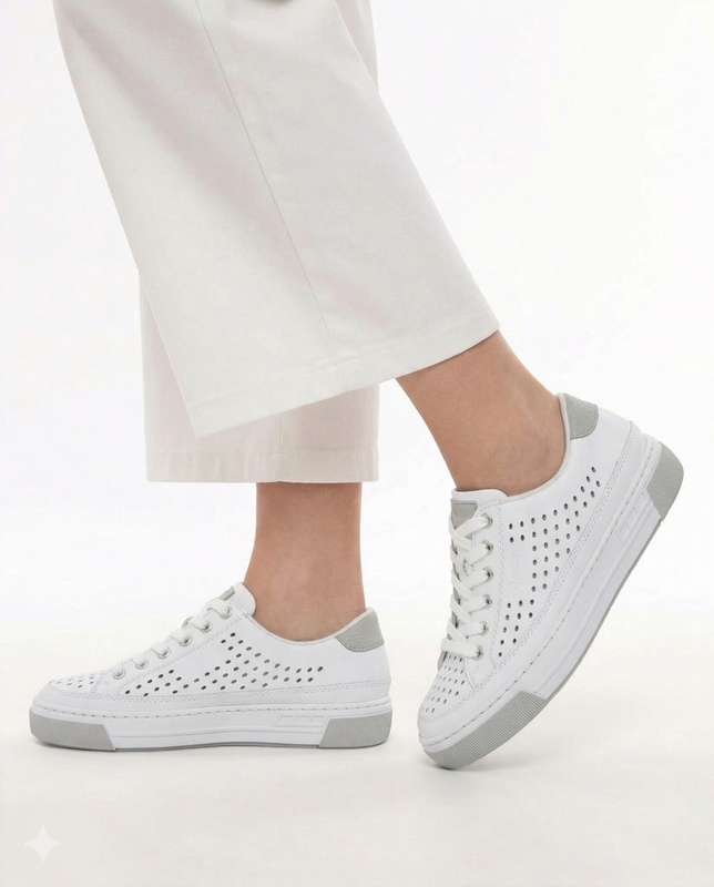 Rieker Leather Openwork Lace-Up Sneakers White L8849-80