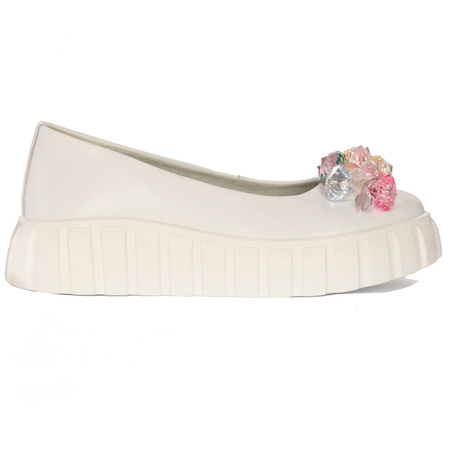 Filippo Półbuty damskie skórzane na platformie kryształki białe