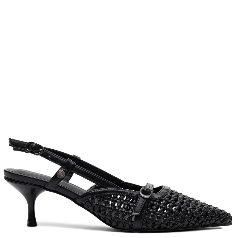 Maciejka Leather Woven Slingback Court Shoes Kitten Heel Black K7446-01/00-1