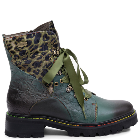 Laura Vita Women's Lace-Up Leather Ankle Boots Floral Khaki 0008183-KOU-MENT
