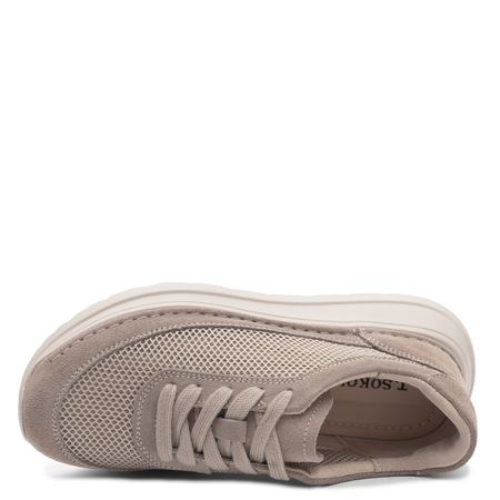 Sokolski Skórzane Materiałowe Półbuty Sneakersy na Platformie Beżowe TS-W26-241-BEIGE