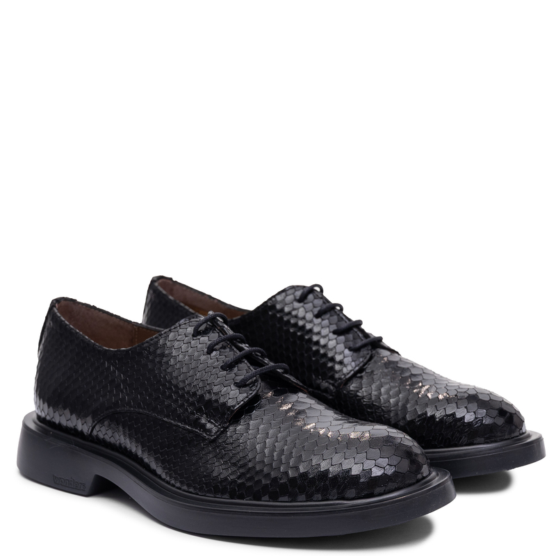 Wonders Skórzane Sznurowane Półbuty Ze Zwierzęcym Motywem Czarne A-5304 Negro