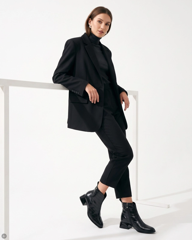 Maciejka Women's Leather Pointed Toe Geometric Block Heel Ankle Boots Black K7675-01/00-7