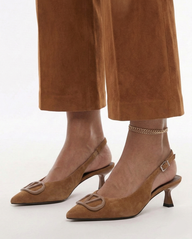 Maciejka Skórzane Czółenka Slingback na Niskiej Szpilce Brązowe K7447-32/00-1