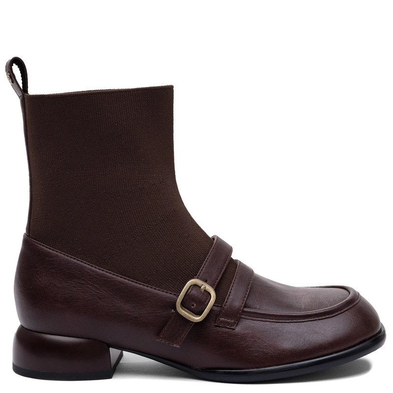 Maciejka Leather Slip-On Sock Ankle Boots With Decorative Buckle Brown K7766-02/00-7