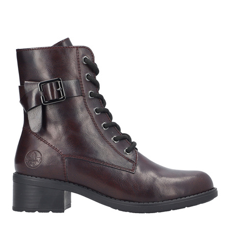 Rieker Lace-Up Ankle Boots Side-Zip Block Heel Burgundy 75431-35-RED