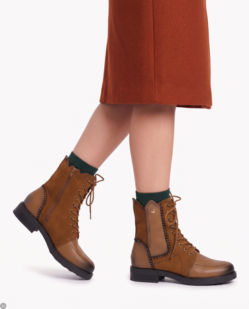 Maciejka Leather Lace-Up Boots Decorative Stitching Ankle Boots Side Zip Cognac Brown A7155-07/00-7