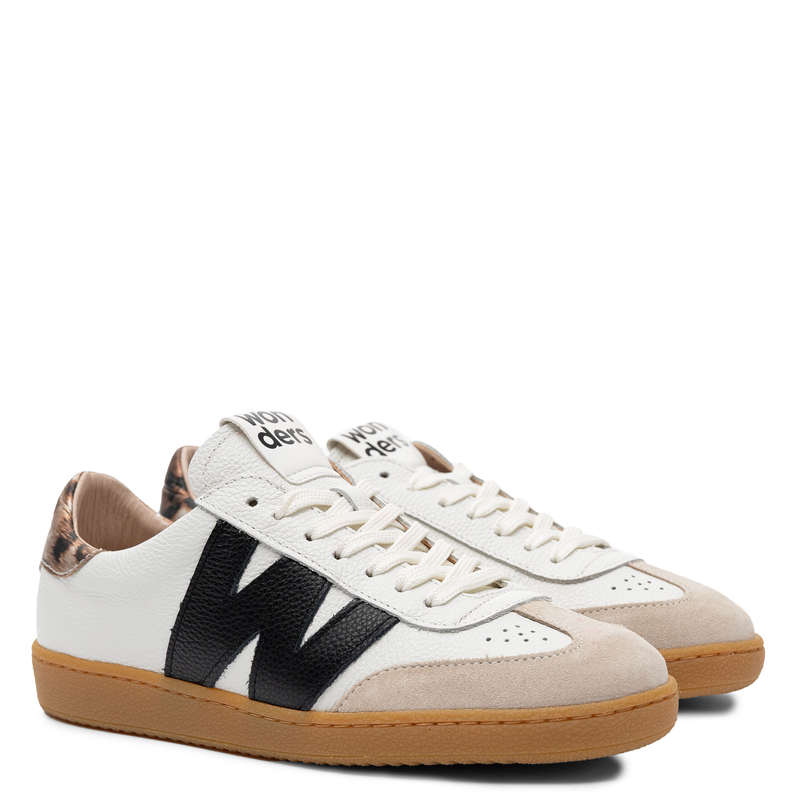 Wonders Skórzane Retro Sneakersy Damskie z Panterkowym Zapiętkiem Biało-Czarno-Beżowe AP-2001-BEIGE-OFF