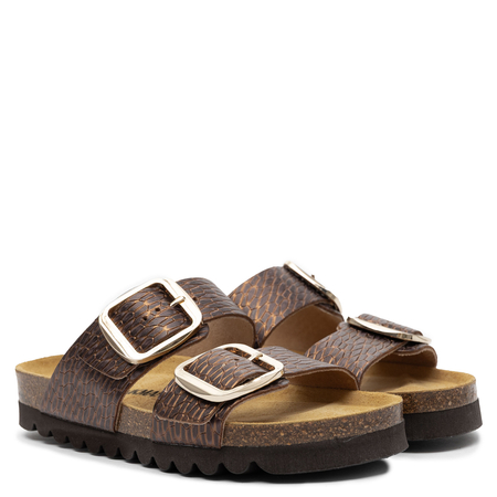 Dr. Brinkmann Leather Croc-Embossed Buckle Slides on Cork Sole Brown 700910-23