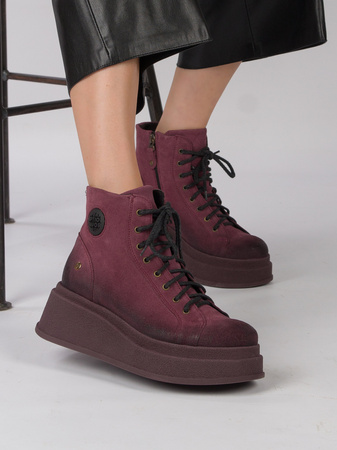 Maciejka Velour Combat Boots on Platform Burgundy 06309-23/00-8