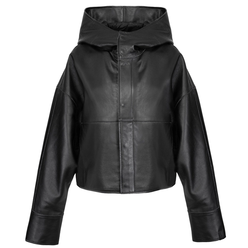 OPRA Oversize Leather Jacket With Hood Black OP-ZAHRA-BLACK