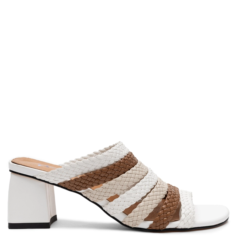 Maciejka Leather Braided Mules Block Heel 7 cm White-Brown K7526-11/00-1