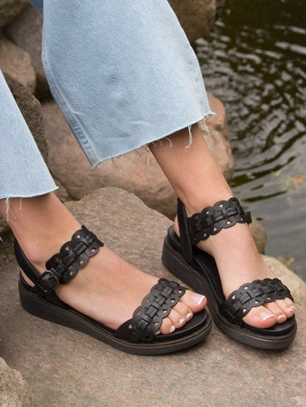 Tamaris Sandały damskie na platformie skórzane czarne black