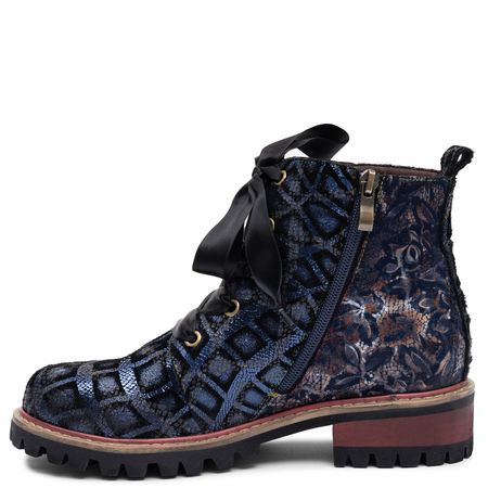 Maciejka Leather Ankle Boots Navy Blue Patchwork Floral Lace-Up K7687-17/00-7