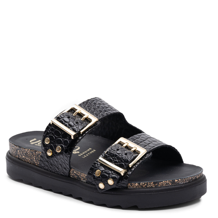 Yokono Tunez Women's Platform Slides Leather Crocodile Embossed Black TUNEZ-262-COC-NEG