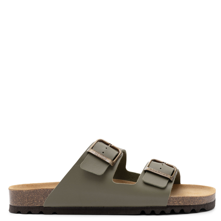 Scholl Men’s Slides Contoured Footbed Sandals Adjustable Straps Khaki F00949-1147