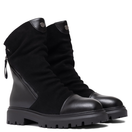 T. Sokolski Leather-Suede Ruched Ankle Boots Lug Sole Black HX-Z25-163-BLK