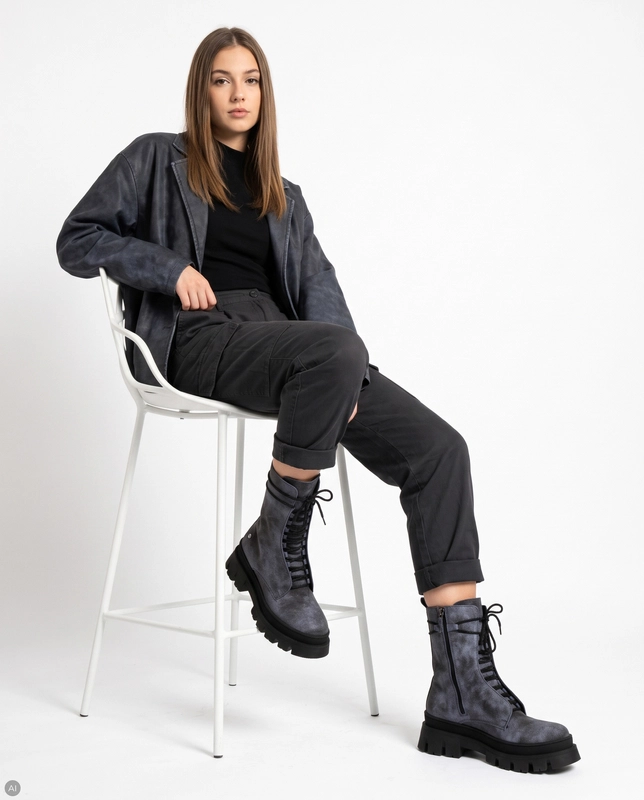 Maciejka Leather Insulated Lace-Up Platform Combat Boots Blue 05693-06/00-3
