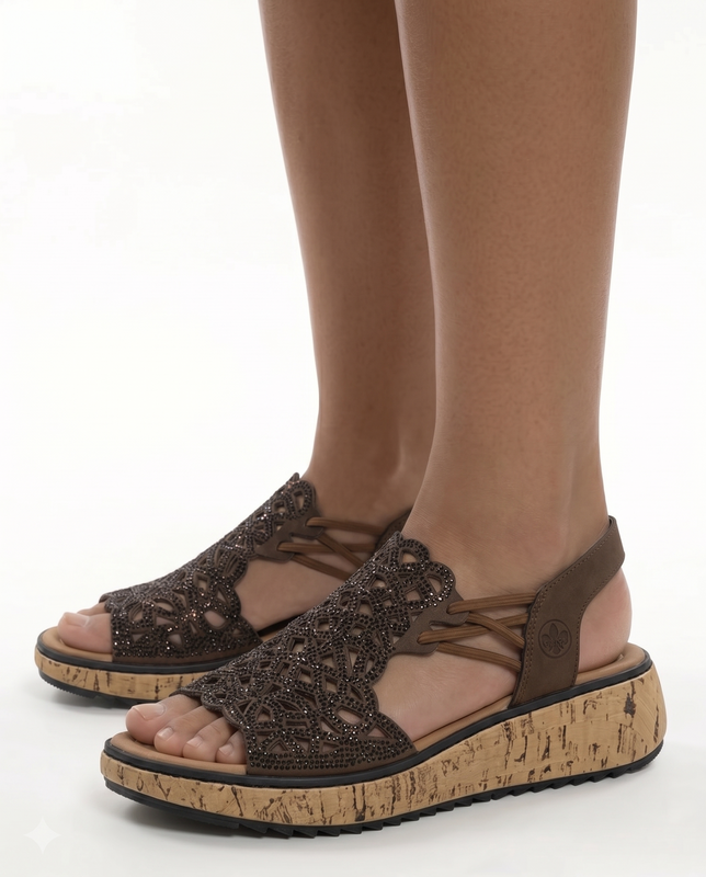 Rieker Brown Wedge Sandals With Rhinestones V1765-24