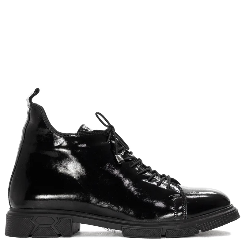 Venezia Botki damskie skórzane lakierowane ocieplane Black czarne
