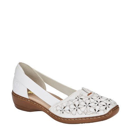 Rieker Leather Floral Openwork Slip-On Shoes Low Wedge White 41356-80