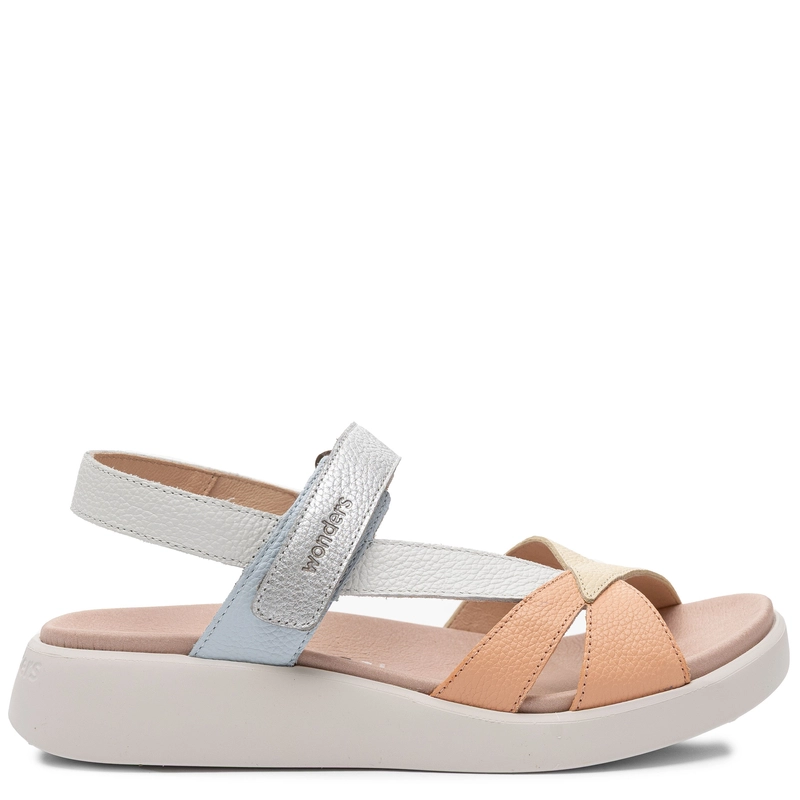 Wonders Leather Platform Sandals with Hook-and-Loop Pastel Multicolor C-6552-MELON