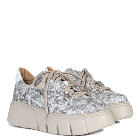 Maciejka Leather Platform Sneakers Artistic Print White-Grey-Copper 6891W-02/00-8