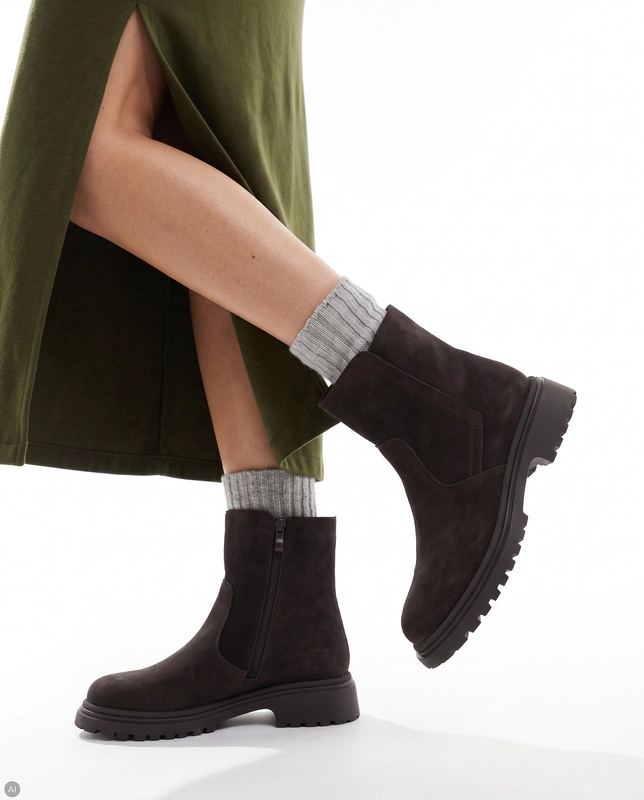 Sergio Leone Warm Lined Suede Ankle Boots Flat Heel Brown BT-27-D-BR