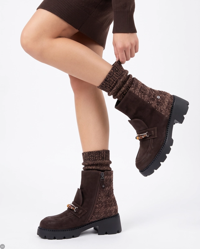 Maciejka Leather Decorated Women's Boots On A Massive Sole Brown 07860-02/00-8