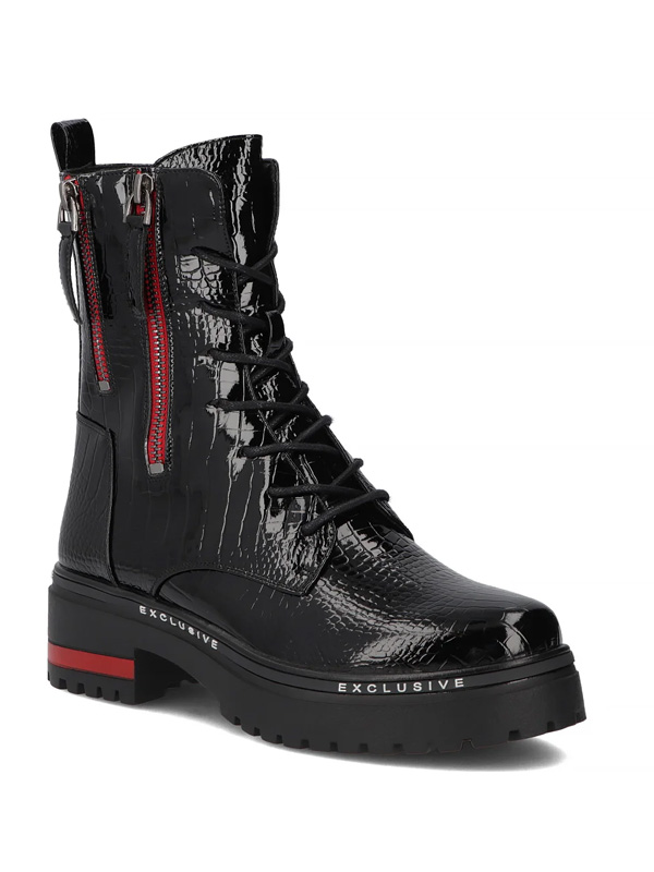 Filippo Leather Combat Boots Patent Croco Platform Black DBT4058-25-BK-RD