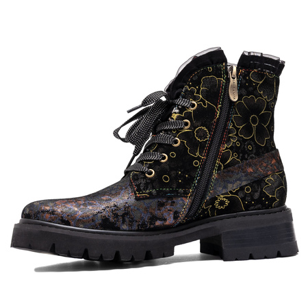 Laura Vita Leather Lace-Up Women’s Ankle Boots Trzewiki Artistic Print Black Multicolor KOULEO-047-NOIR