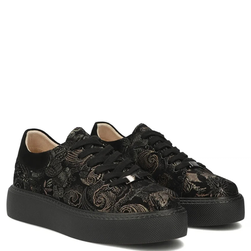 Filippo Fashionable Leather Platform Sneakers Floral Black DP6119-26-BK-MLT