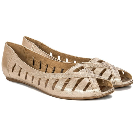 Baleriny skórzane Maciejka z wyciętym palcem złote