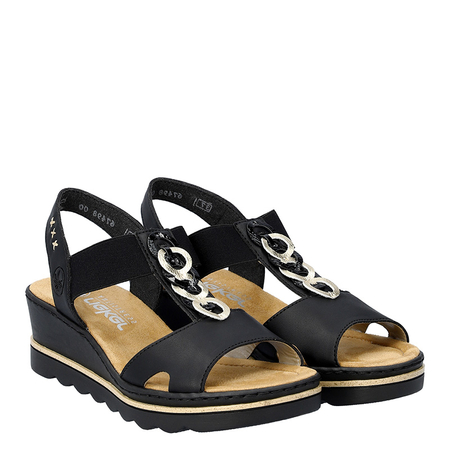 Treść wiadomości Gemini Rieker Wedge T-Strap Decorative Chain Comfort Sandals Black 67498-00